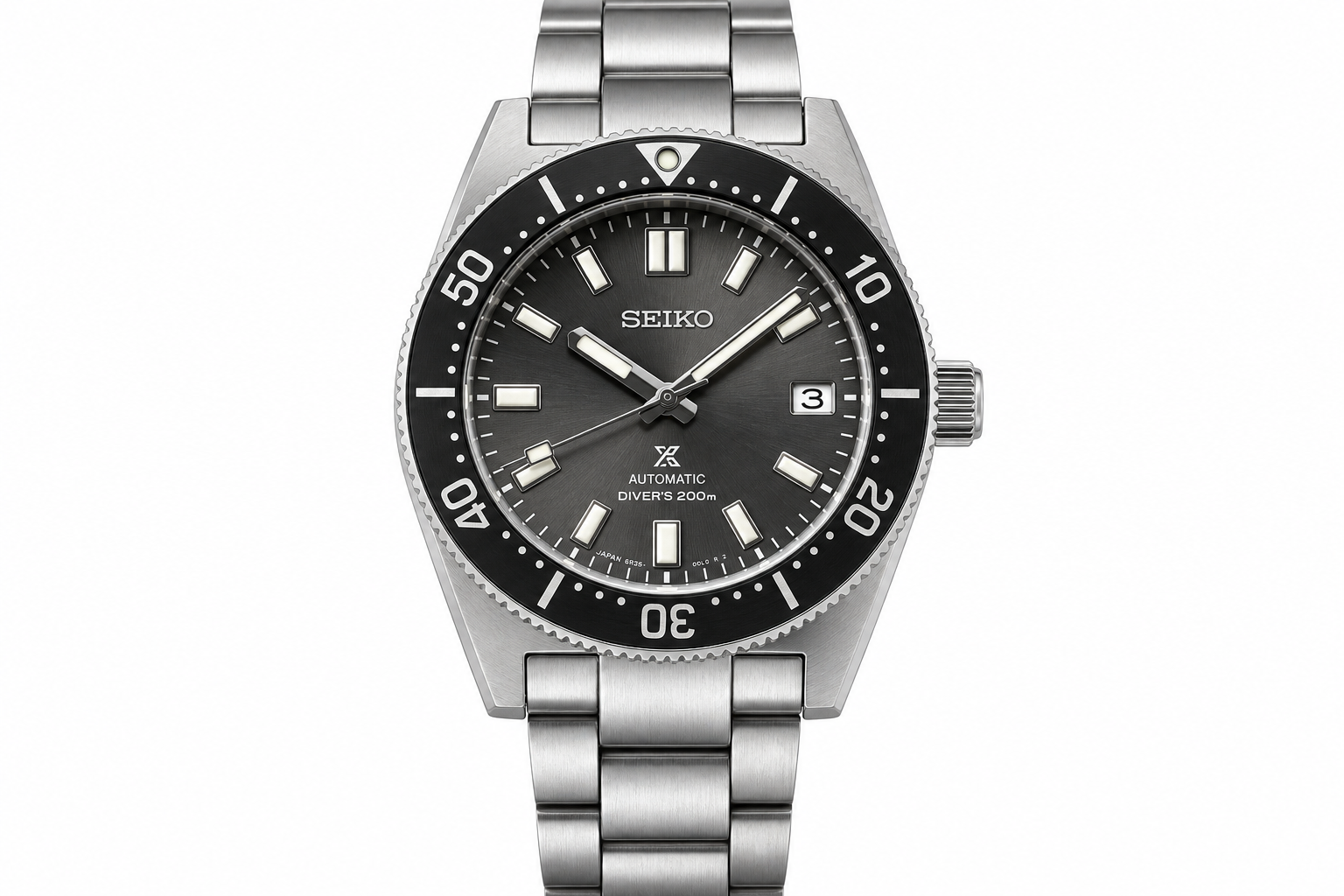 Seiko Prospex SPB143 dive watch with grey sunray dial, black bezel, and stainless steel bracelet, shown face-on