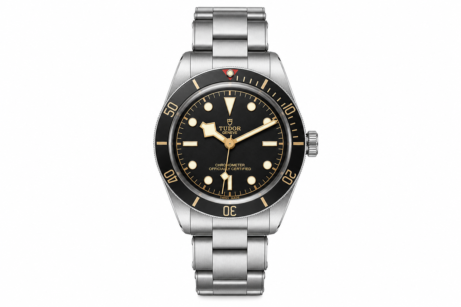 Tudor Black Bay Fifty-Eight M79030N-0001 dive watch with black gilt dial, snowflake hands, black bezel, and stainless steel bracelet, shown face-on